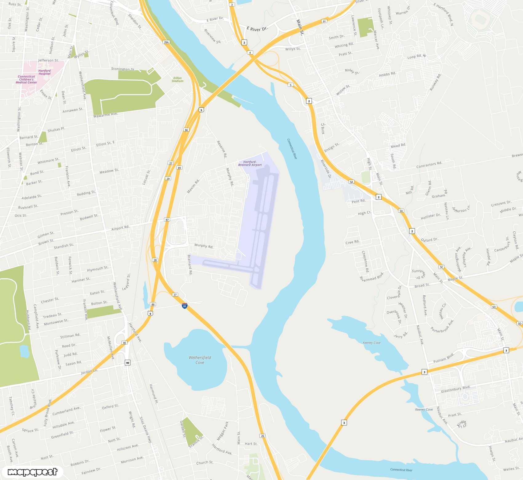 Carte de <span>Aéroport de </span>Hartford Brainard<span>(HFD)</span>